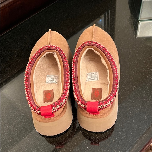 UGG Tasman II Chestnut Suede Slip-Ons with Red Patterned Trim platform slippers - Picture 2 of 15
